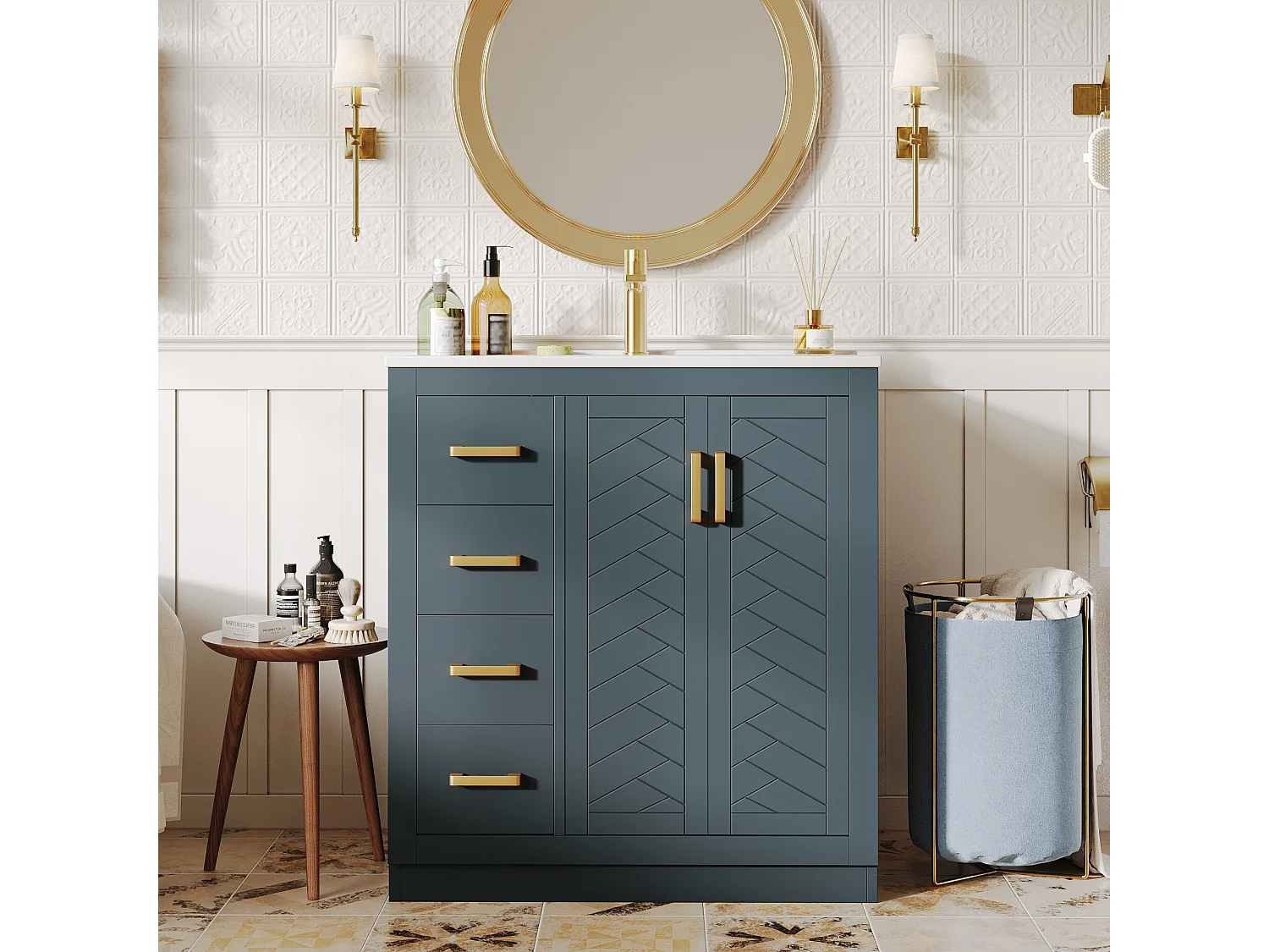 Meuble vasque en céramique de salle de bain - 76.5 x 46.5 x 84.5 cm - avec 3 tiroirs + étagère latérale + 2 portes - MDF - bleu