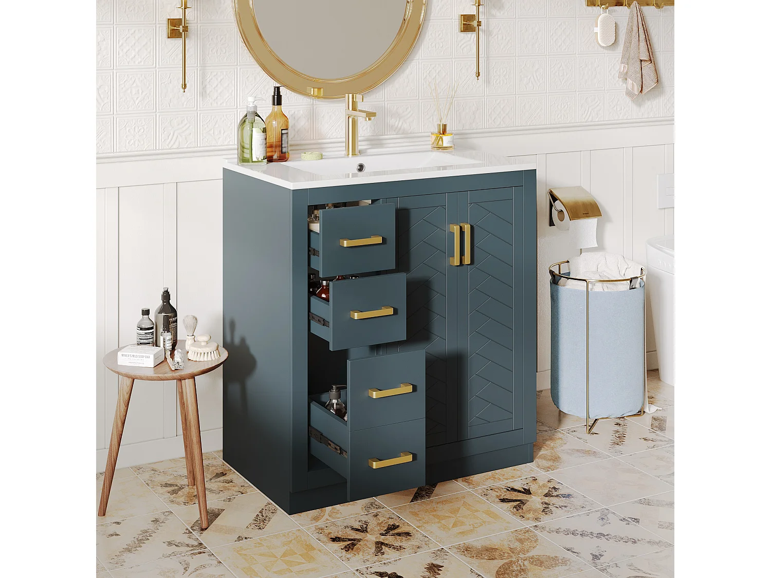 Meuble vasque en céramique de salle de bain - 76.5 x 46.5 x 84.5 cm - avec 3 tiroirs + étagère latérale + 2 portes - MDF - bleu