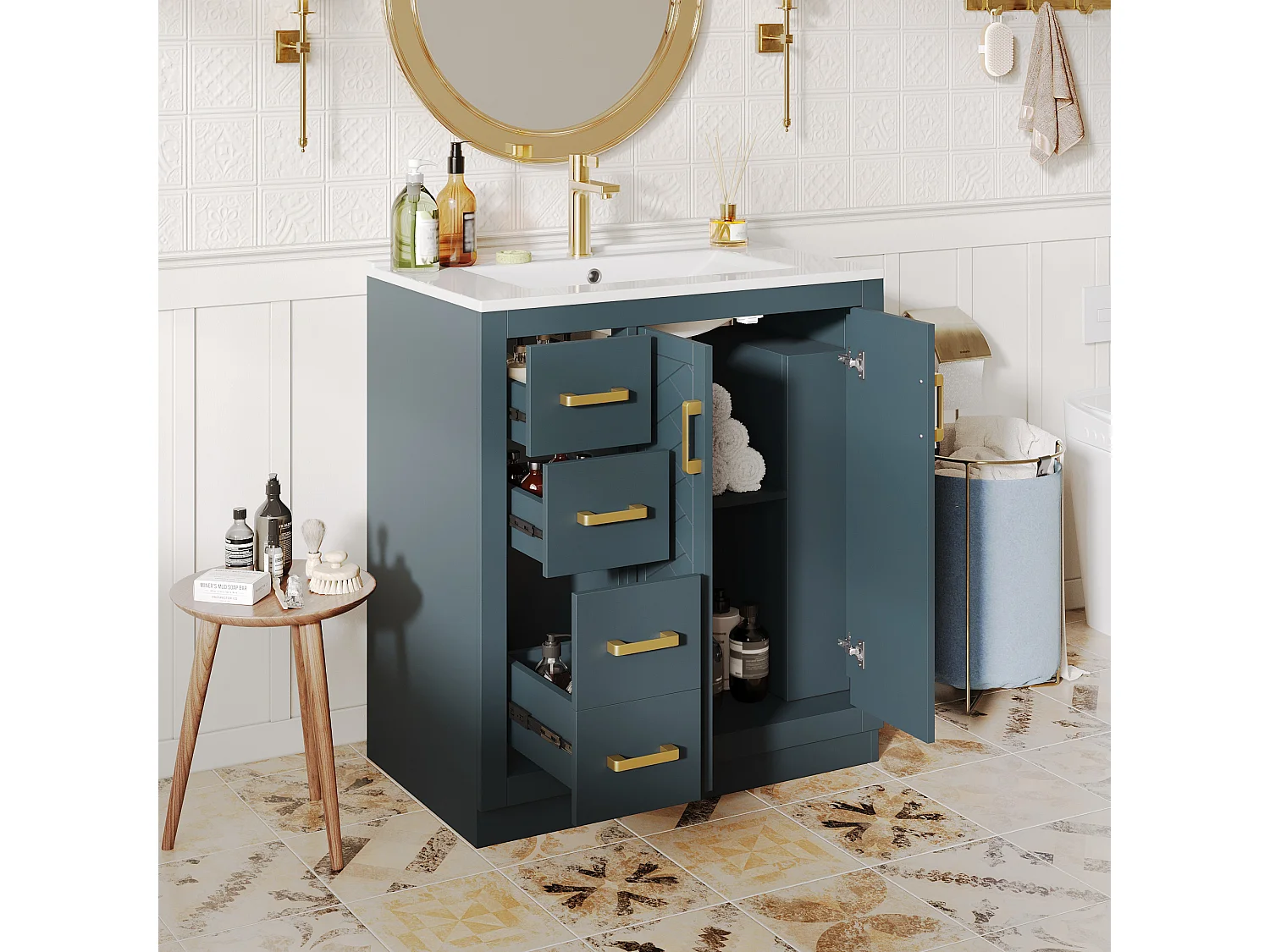 Meuble vasque en céramique de salle de bain - 76.5 x 46.5 x 84.5 cm - avec 3 tiroirs + étagère latérale + 2 portes - MDF - bleu