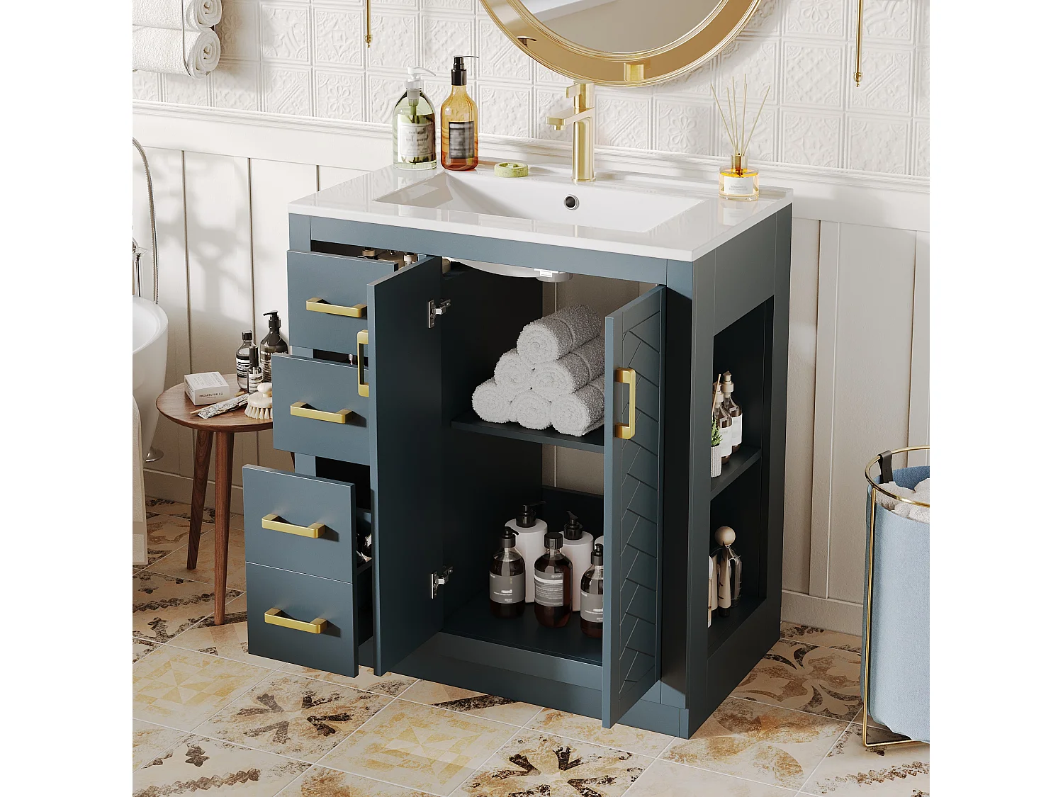 Meuble vasque en céramique de salle de bain - 76.5 x 46.5 x 84.5 cm - avec 3 tiroirs + étagère latérale + 2 portes - MDF - bleu