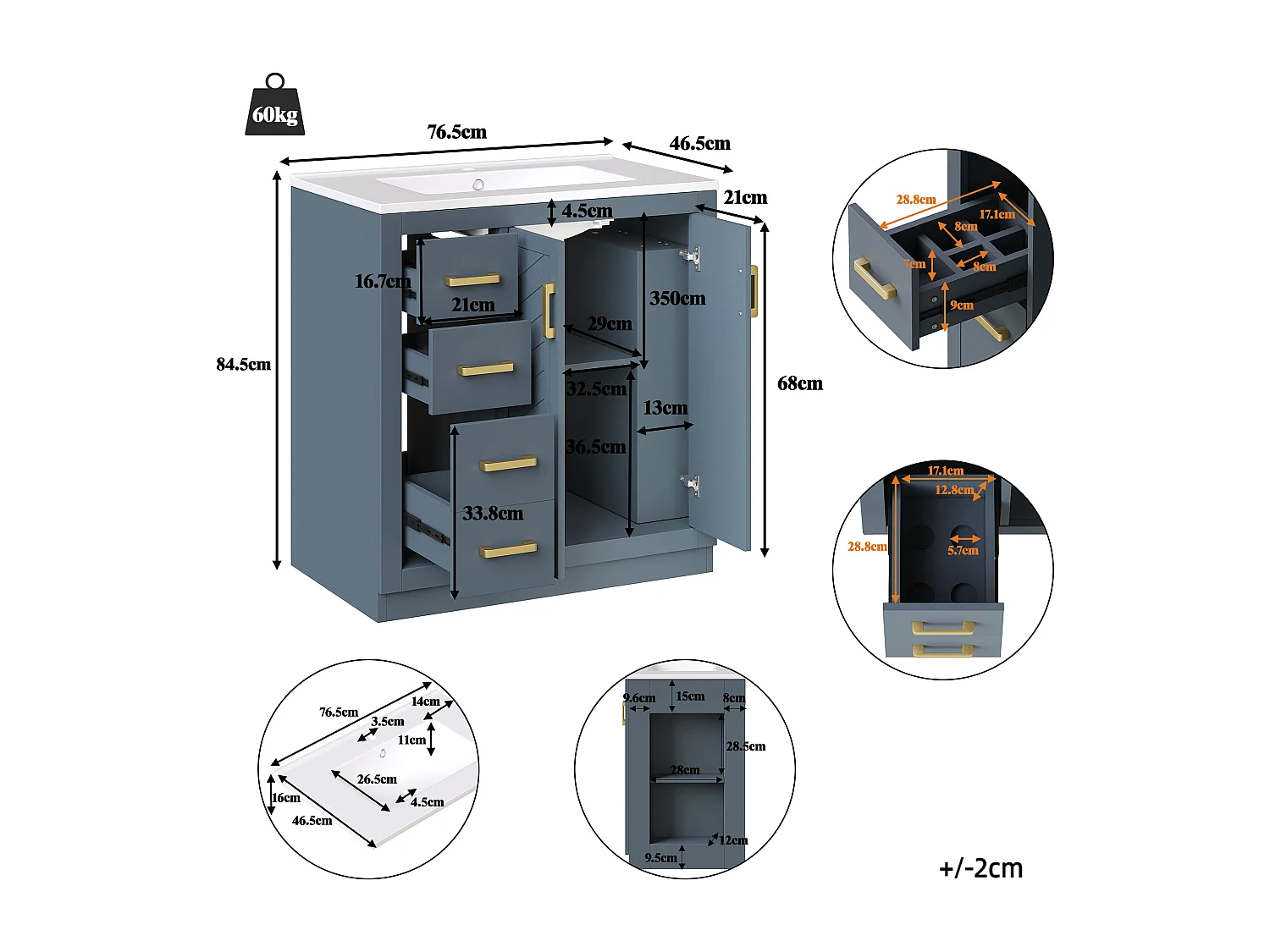 Meuble vasque en céramique de salle de bain - 76.5 x 46.5 x 84.5 cm - avec 3 tiroirs + étagère latérale + 2 portes - MDF - bleu