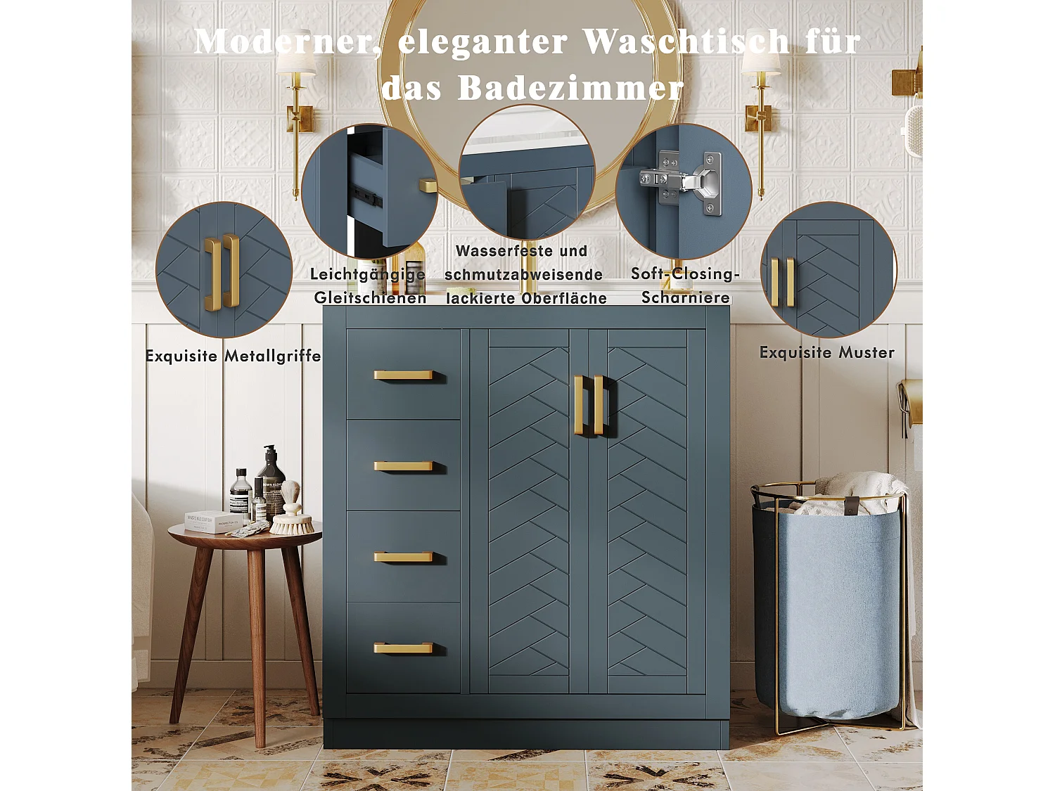 Meuble vasque en céramique de salle de bain - 76.5 x 46.5 x 84.5 cm - avec 3 tiroirs + étagère latérale + 2 portes - MDF - bleu