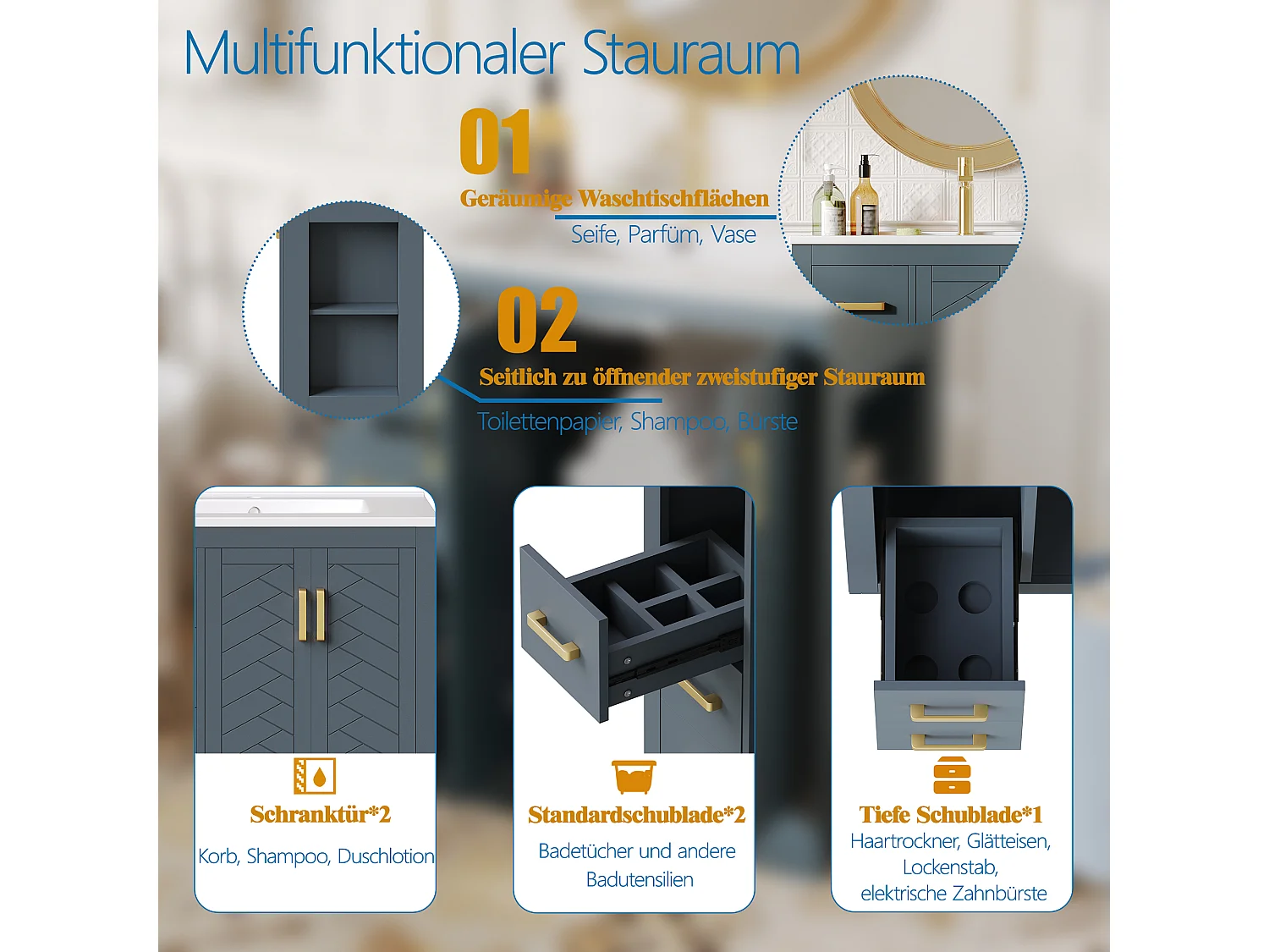 Meuble vasque en céramique de salle de bain - 76.5 x 46.5 x 84.5 cm - avec 3 tiroirs + étagère latérale + 2 portes - MDF - bleu