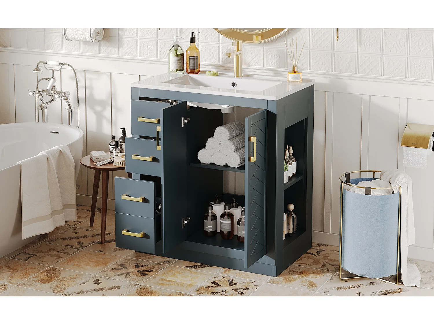 Meuble vasque en céramique de salle de bain - 76.5 x 46.5 x 84.5 cm - avec 3 tiroirs + étagère latérale + 2 portes - MDF - bleu