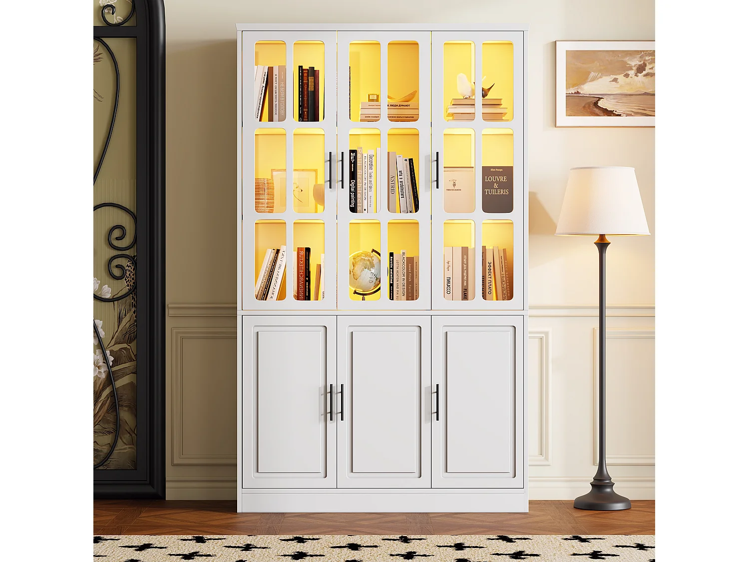 Moderne glazen vitrinekast - 121,5 x 41 x 200 cm - met 6 deuren + LED-verlichting - MDF - wit