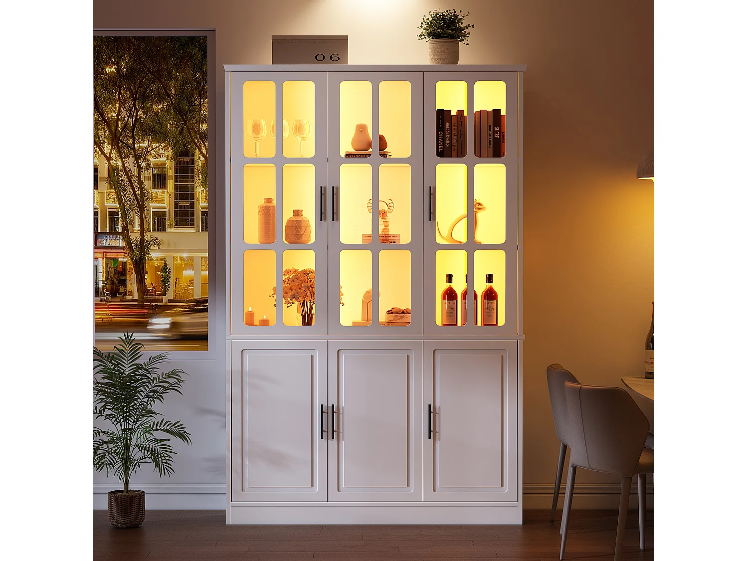 Moderne glazen vitrinekast - 121,5 x 41 x 200 cm - met 6 deuren + LED-verlichting - MDF - wit