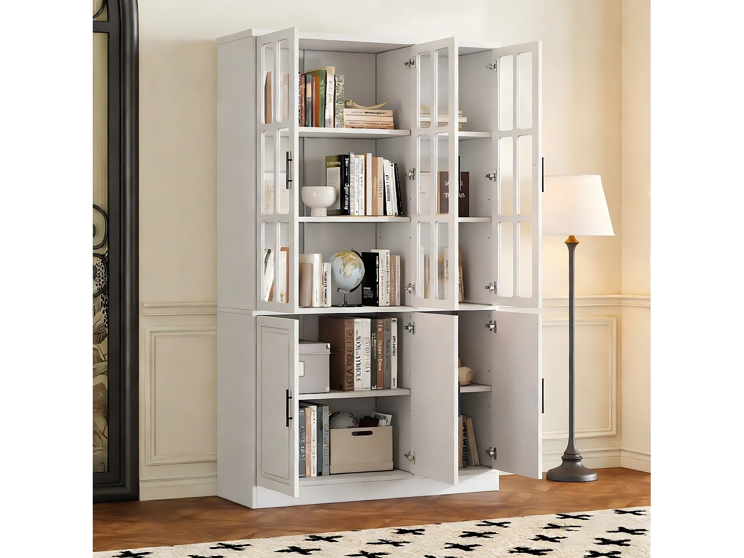 Moderne glazen vitrinekast - 121,5 x 41 x 200 cm - met 6 deuren + LED-verlichting - MDF - wit