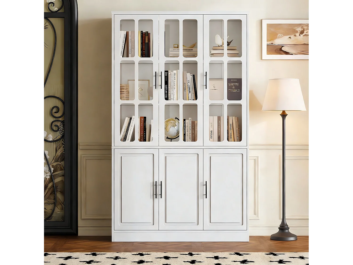 Moderne glazen vitrinekast - 121,5 x 41 x 200 cm - met 6 deuren + LED-verlichting - MDF - wit