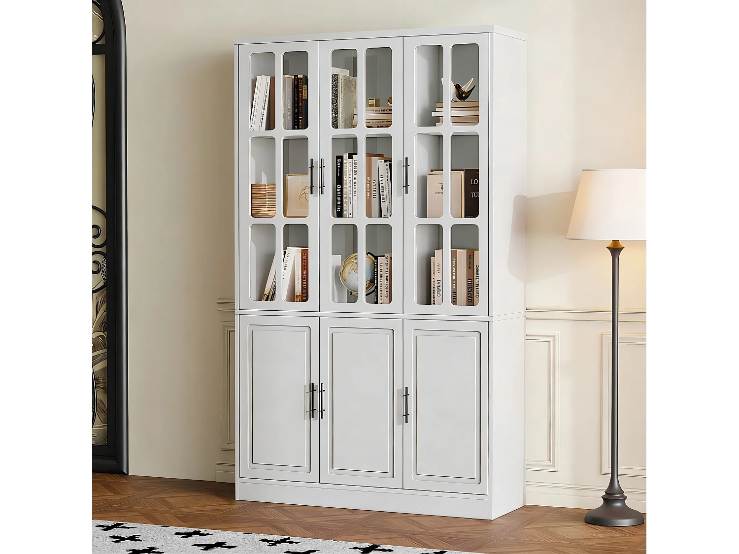 Moderne glazen vitrinekast - 121,5 x 41 x 200 cm - met 6 deuren + LED-verlichting - MDF - wit