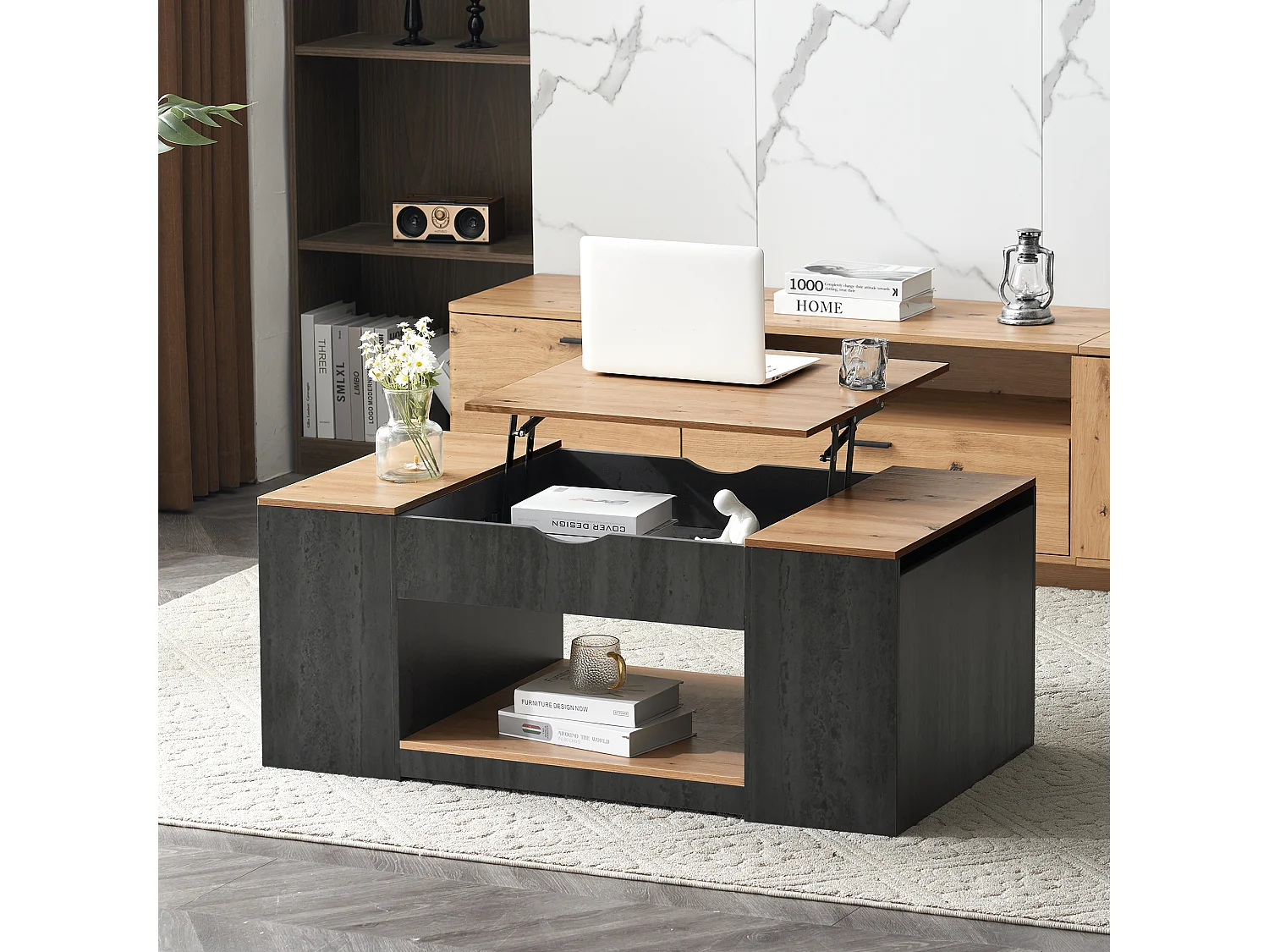 Couchtisch mit Hubfunktion – 109,5 x 59,7 x 43 cm – mit Ablage und Stauraum – MDF-Holz – Grau und Braun