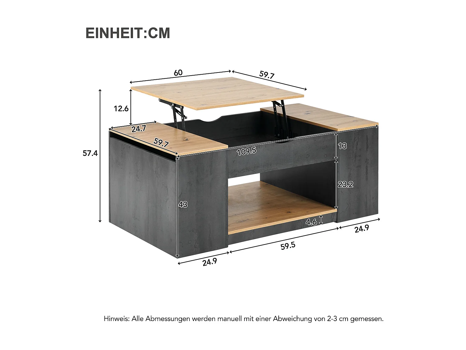 Couchtisch mit Hubfunktion – 109,5 x 59,7 x 43 cm – mit Ablage und Stauraum – MDF-Holz – Grau und Braun