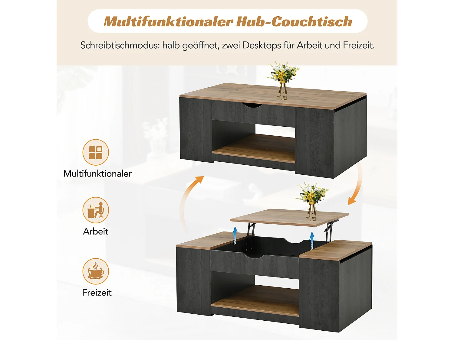 Couchtisch mit Hubfunktion – 109,5 x 59,7 x 43 cm – mit Ablage und Stauraum – MDF-Holz – Grau und Braun