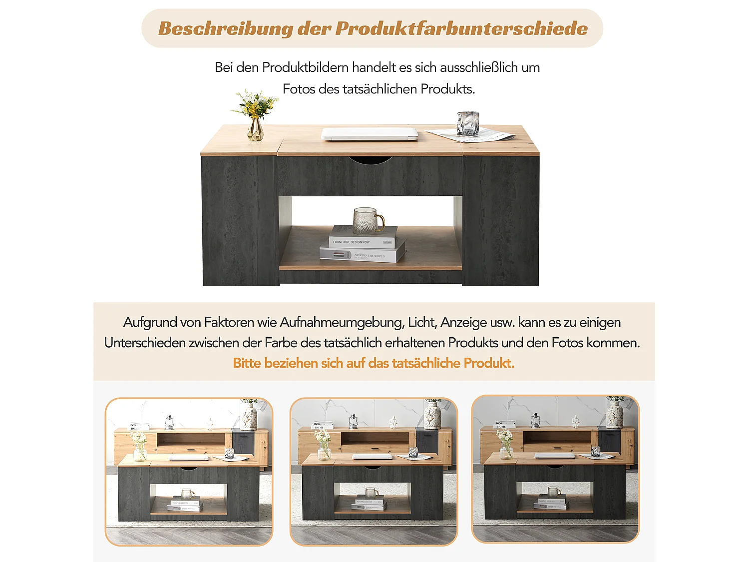 Couchtisch mit Hubfunktion – 109,5 x 59,7 x 43 cm – mit Ablage und Stauraum – MDF-Holz – Grau und Braun