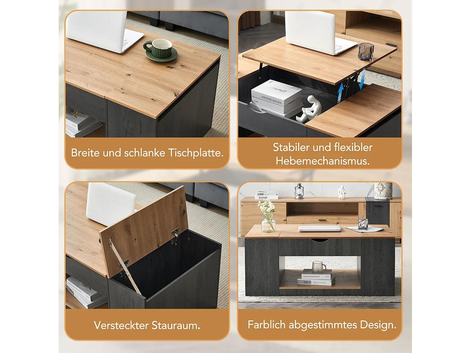 Couchtisch mit Hubfunktion – 109,5 x 59,7 x 43 cm – mit Ablage und Stauraum – MDF-Holz – Grau und Braun