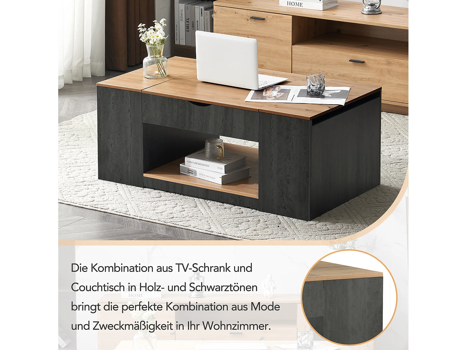 Couchtisch mit Hubfunktion – 109,5 x 59,7 x 43 cm – mit Ablage und Stauraum – MDF-Holz – Grau und Braun