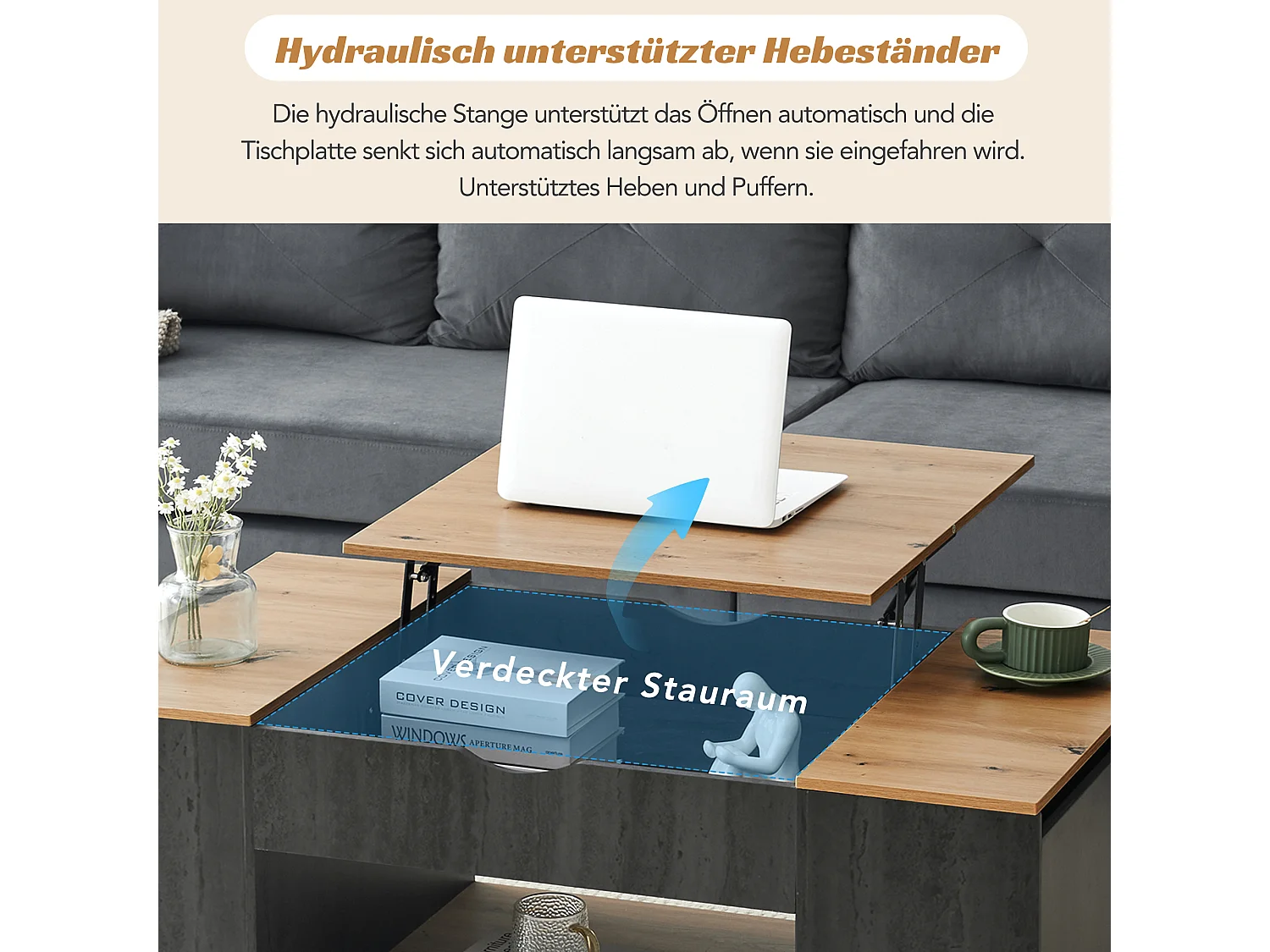 Couchtisch mit Hubfunktion – 109,5 x 59,7 x 43 cm – mit Ablage und Stauraum – MDF-Holz – Grau und Braun