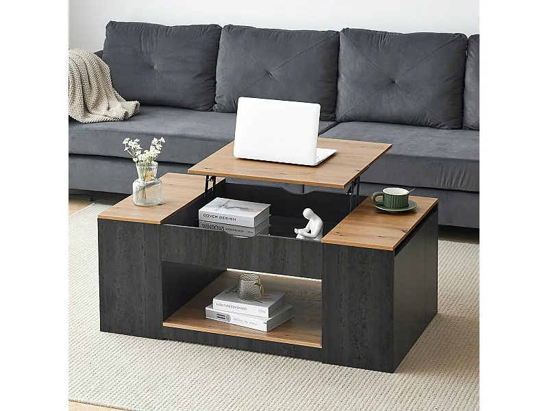Couchtisch mit Hubfunktion – 109,5 x 59,7 x 43 cm – mit Ablage und Stauraum – MDF-Holz – Grau und Braun