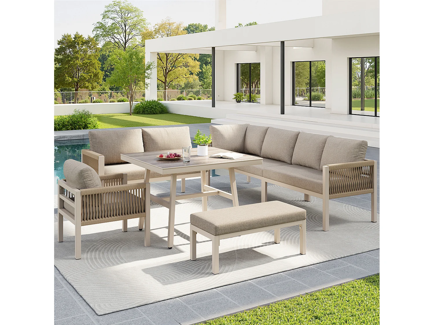 Ensemble salon de jardin 8 places - Structure en fer  - avec coussins + 1 table + 1 fauteuils + banc - métal - beige