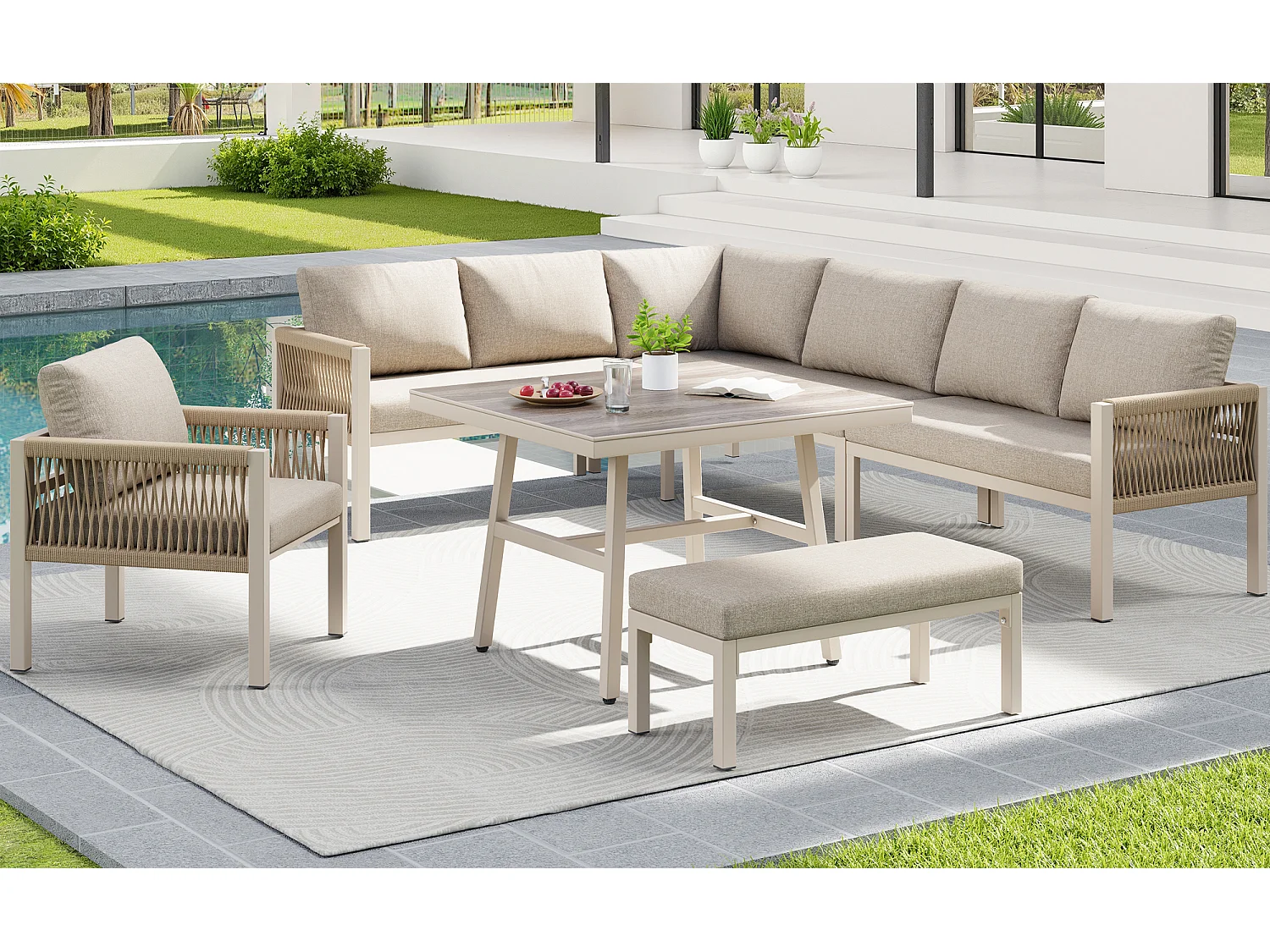 Ensemble salon de jardin 8 places - Structure en fer  - avec coussins + 1 table + 1 fauteuils + banc - métal - beige