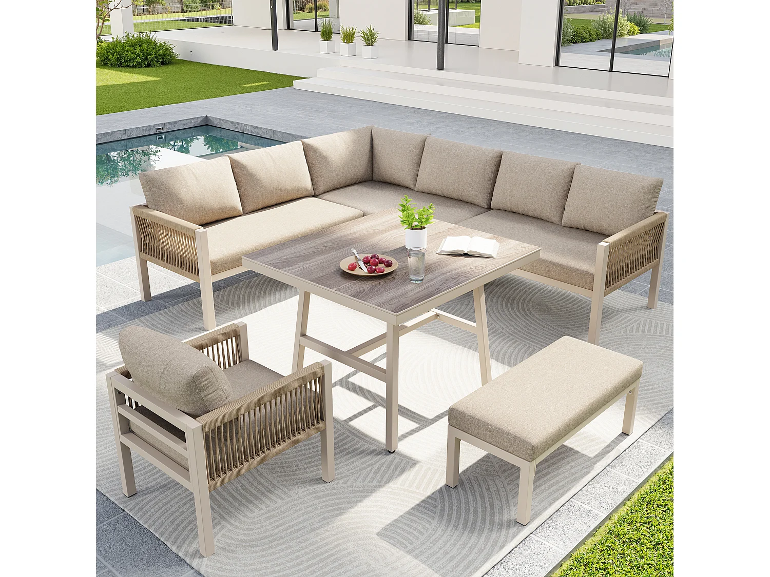 Ensemble salon de jardin 8 places - Structure en fer  - avec coussins + 1 table + 1 fauteuils + banc - métal - beige
