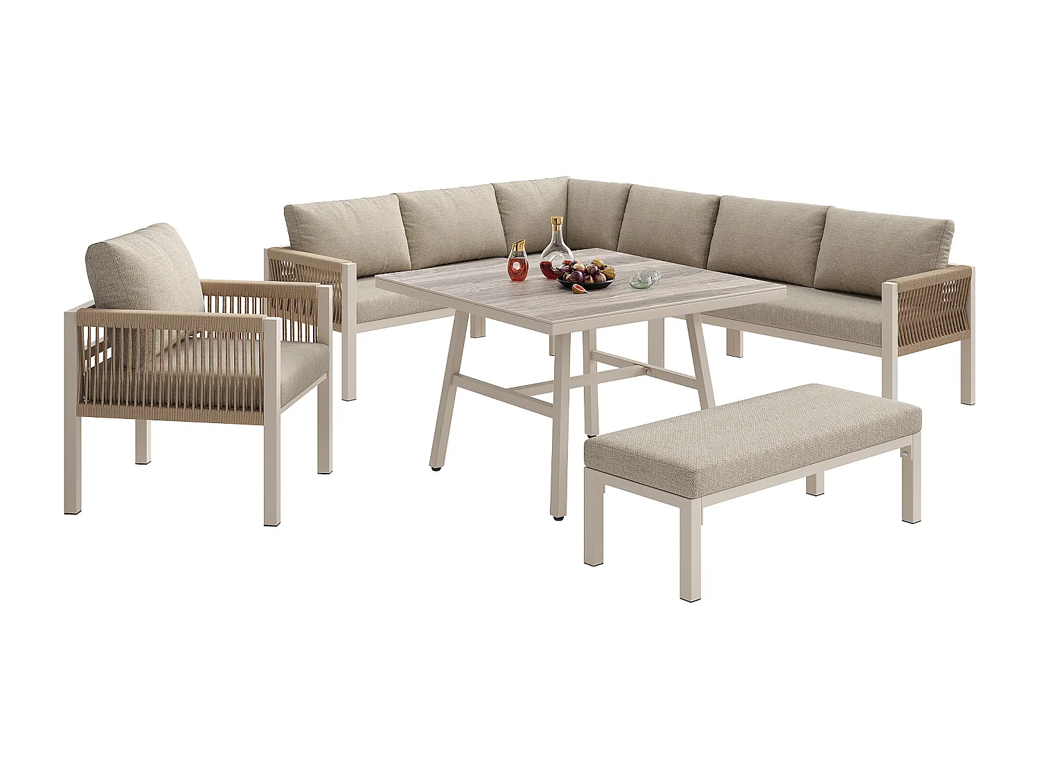 Ensemble salon de jardin 8 places - Structure en fer  - avec coussins + 1 table + 1 fauteuils + banc - métal - beige