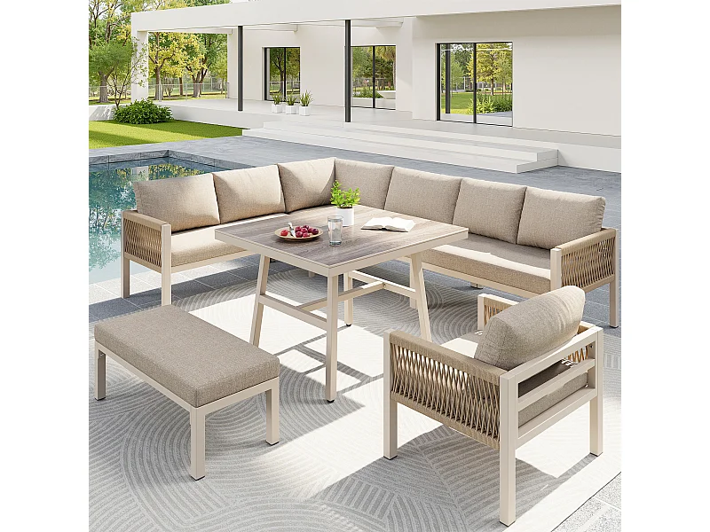 Ensemble salon de jardin 8 places - Structure en fer  - avec coussins + 1 table + 1 fauteuils + banc - métal - beige