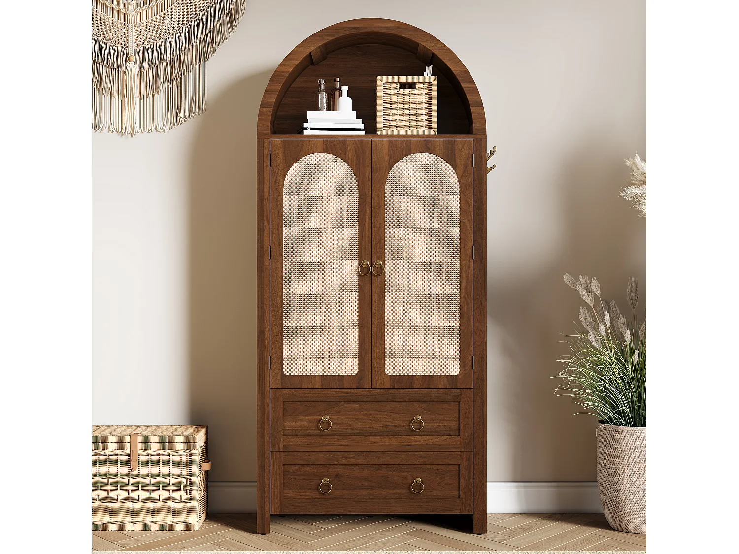 Komoda wiklinowa vintage w stylu sklepionym - 80 x 40 x 180 cm - z 2 szufladami + 2 drzwiami - do salonu i sypialni - MDF - brązowa