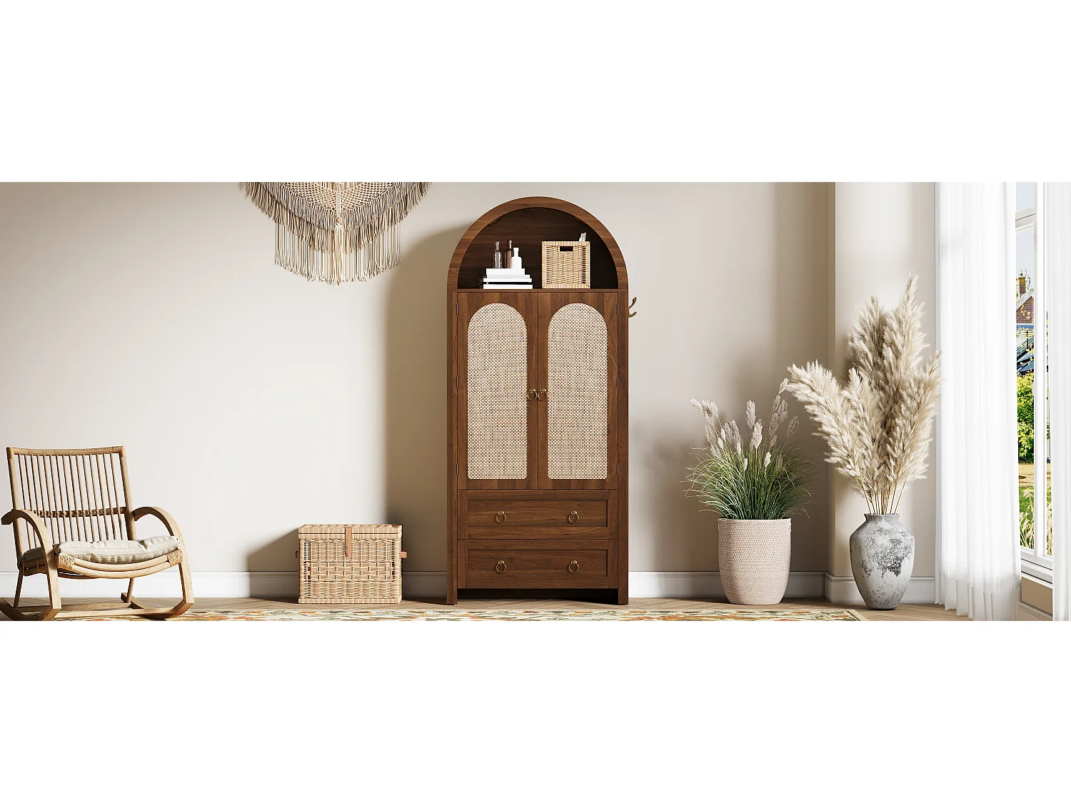 Komoda wiklinowa vintage w stylu sklepionym - 80 x 40 x 180 cm - z 2 szufladami + 2 drzwiami - do salonu i sypialni - MDF - brązowa