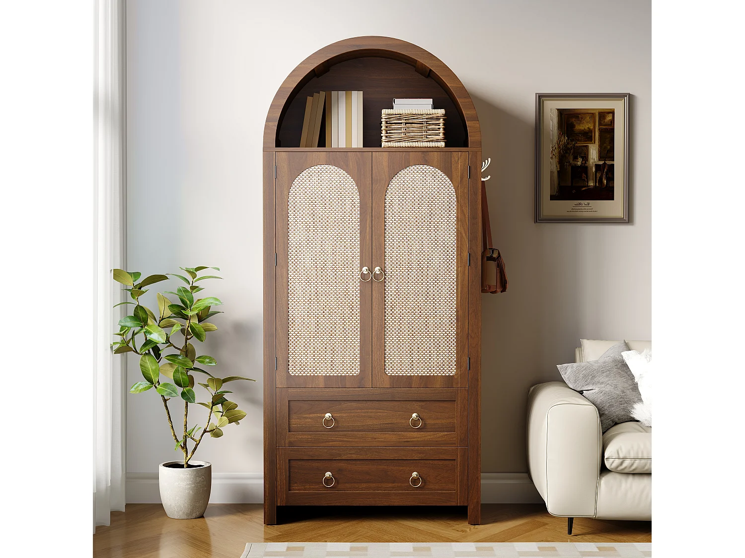 Komoda wiklinowa vintage w stylu sklepionym - 80 x 40 x 180 cm - z 2 szufladami + 2 drzwiami - do salonu i sypialni - MDF - brązowa