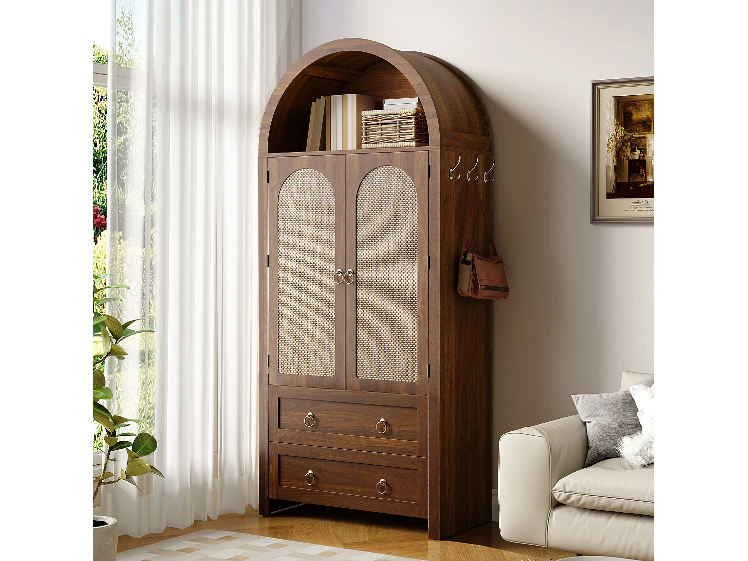 Buffet vintage en osier de style voûté - 80 x 40 x 180 cm - avec 2 tiroirs + 2 portes - pour salon et chambre - MDF - marron