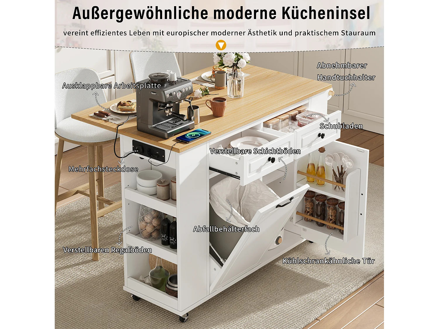 Uitschuifbaar keukeneiland op wielen - 120 x 40/70 x 91,5 cm - met 2 lades + deuren - MDF - wit + naturel