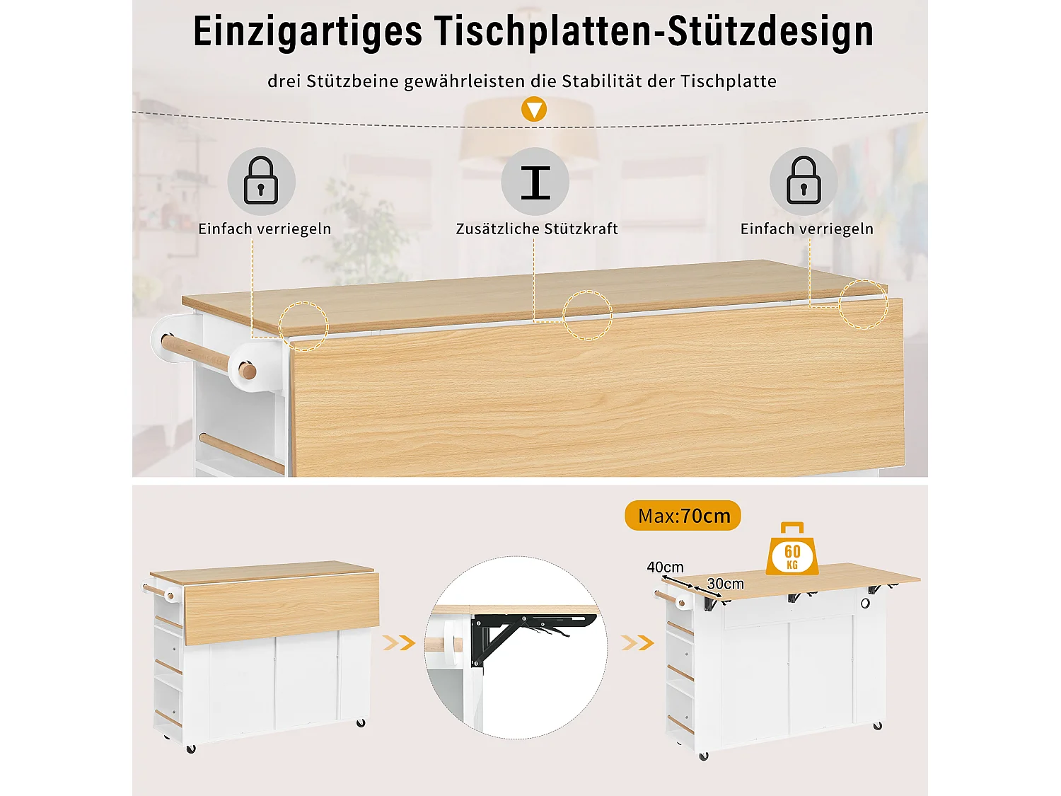 Uitschuifbaar keukeneiland op wielen - 120 x 40/70 x 91,5 cm - met 2 lades + deuren - MDF - wit + naturel