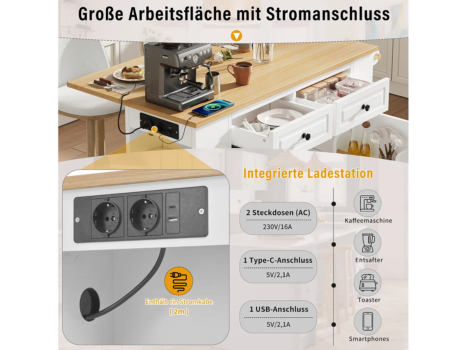 Uitschuifbaar keukeneiland op wielen - 120 x 40/70 x 91,5 cm - met 2 lades + deuren - MDF - wit + naturel