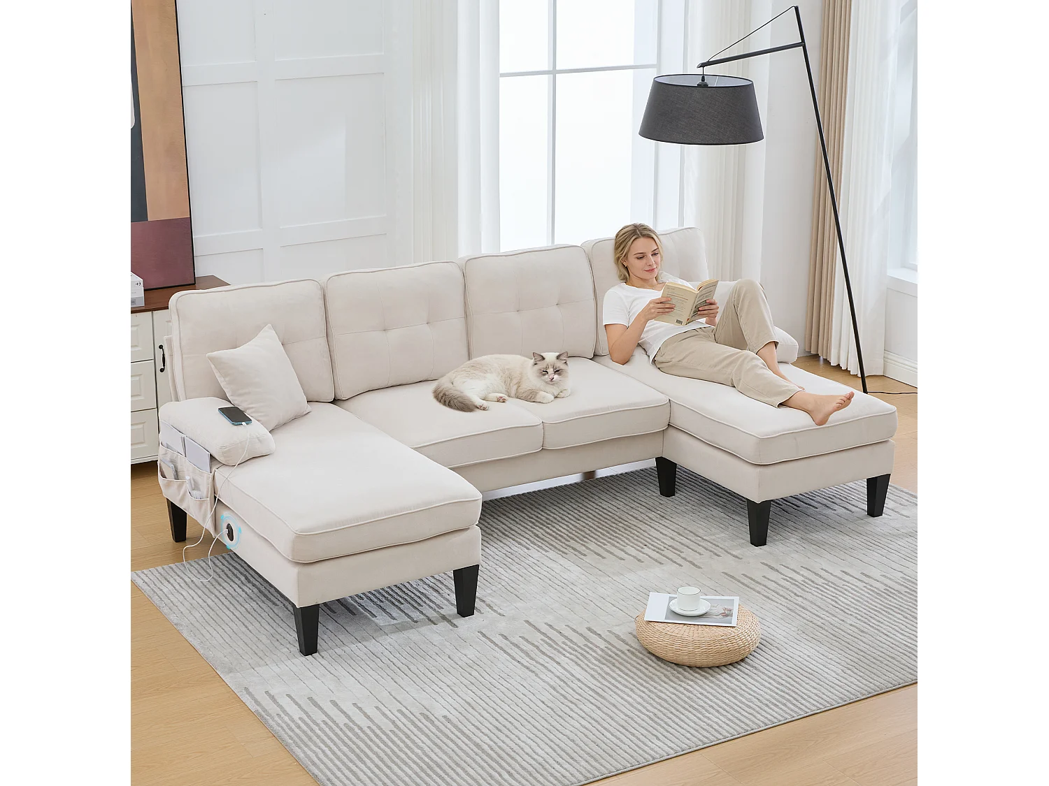 Canapé d'angle moderne 4 places en forme de U avec 2 méridienne - 250 x 130 x 88 cm - avec rembourrage + dossier  - lin - beige