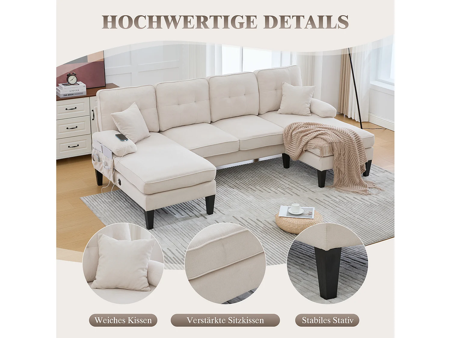 Canapé d'angle moderne 4 places en forme de U avec 2 méridienne - 250 x 130 x 88 cm - avec rembourrage + dossier  - lin - beige