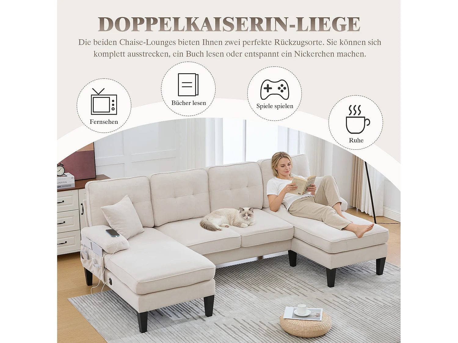 Canapé d'angle moderne 4 places en forme de U avec 2 méridienne - 250 x 130 x 88 cm - avec rembourrage + dossier  - lin - beige