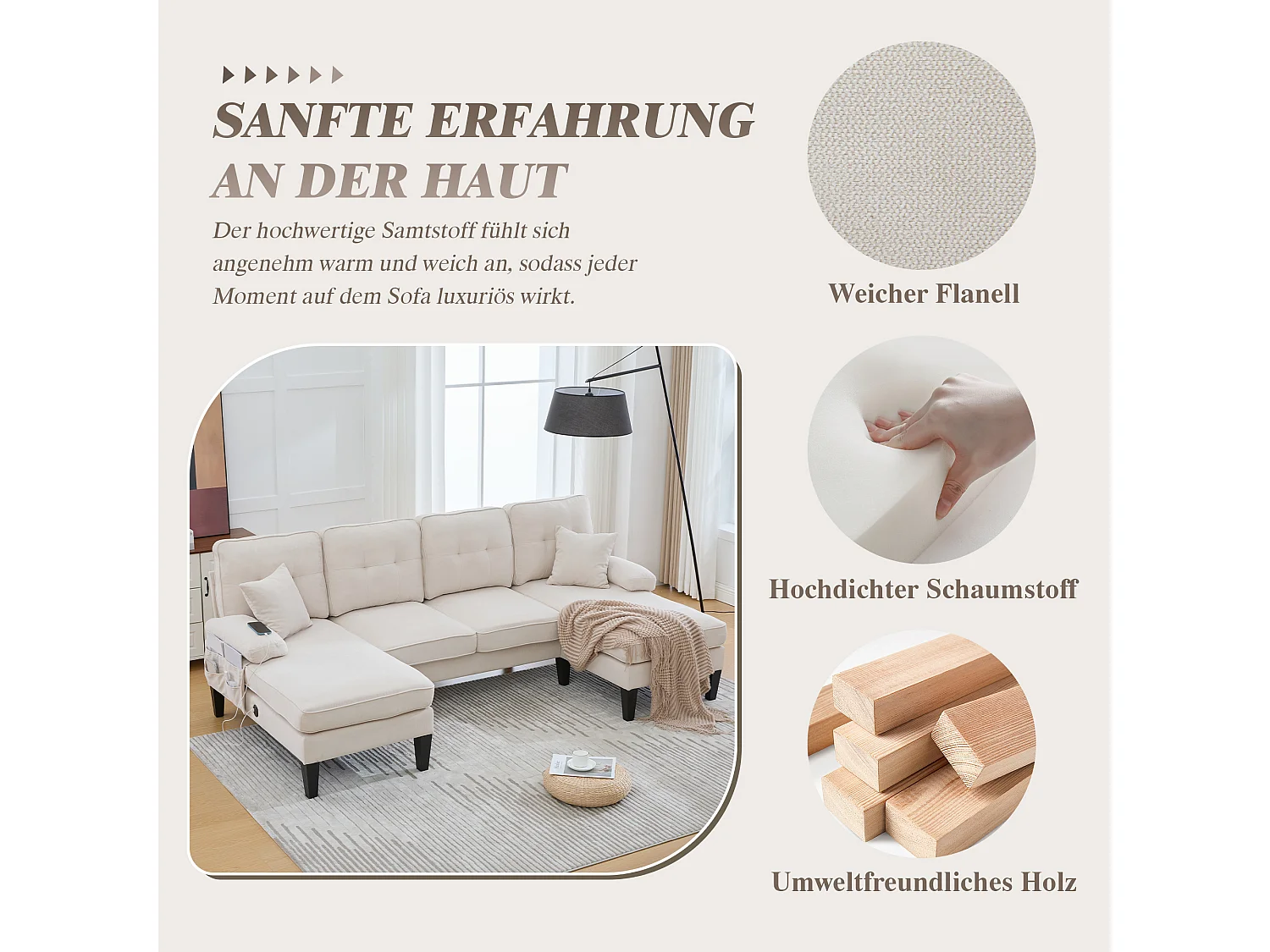 Canapé d'angle moderne 4 places en forme de U avec 2 méridienne - 250 x 130 x 88 cm - avec rembourrage + dossier  - lin - beige