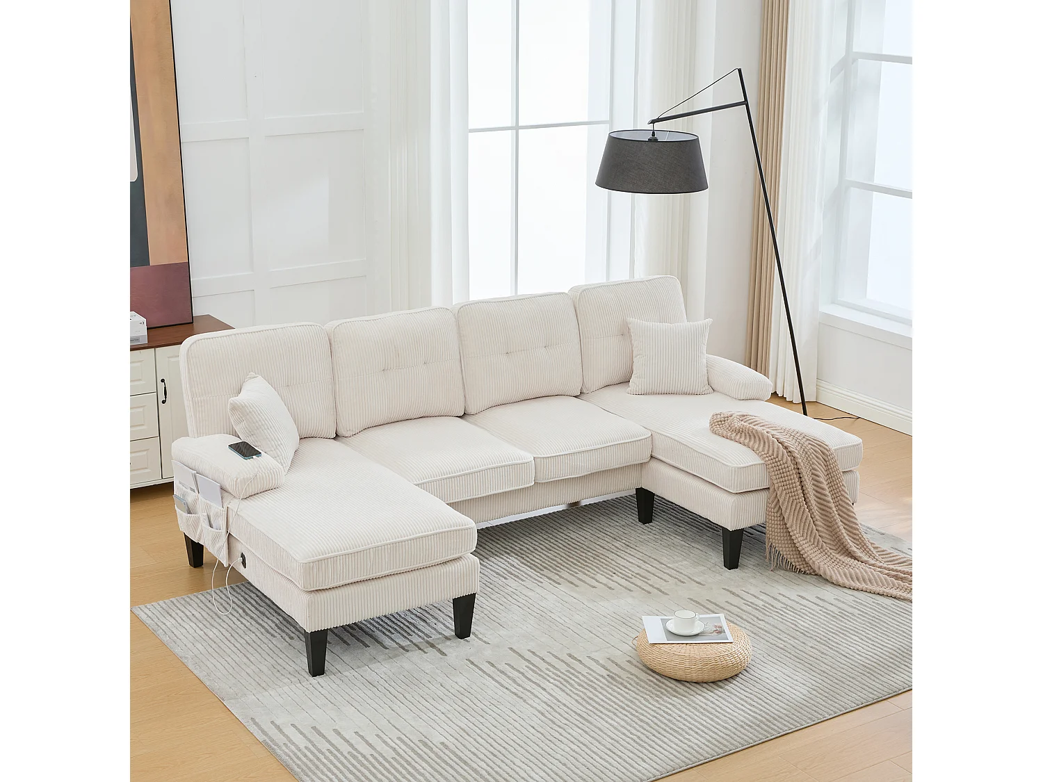 Canapé d'angle moderne 4 places en forme de U avec 2 méridienne - 250 x 130 x 88 cm - avec rembourrage + dossier  - lin - beige