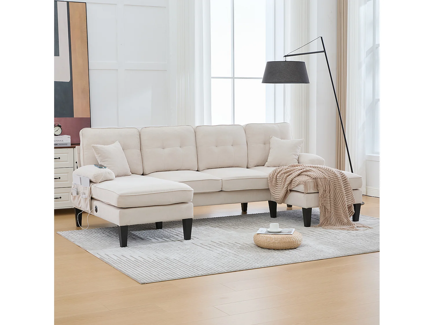 Canapé d'angle moderne 4 places en forme de U avec 2 méridienne - 250 x 130 x 88 cm - avec rembourrage + dossier  - lin - beige