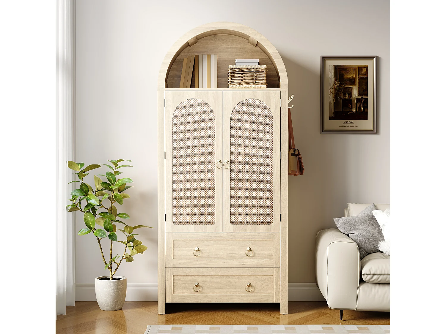 Komoda wiklinowa vintage w stylu sklepionym - 80 x 40 x 180 cm - z 2 szufladami + 2 drzwiami - do salonu i sypialni - MDF - naturalny