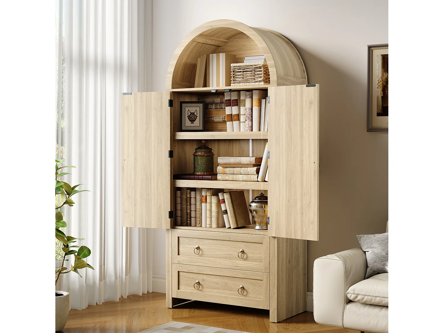 Komoda wiklinowa vintage w stylu sklepionym - 80 x 40 x 180 cm - z 2 szufladami + 2 drzwiami - do salonu i sypialni - MDF - naturalny