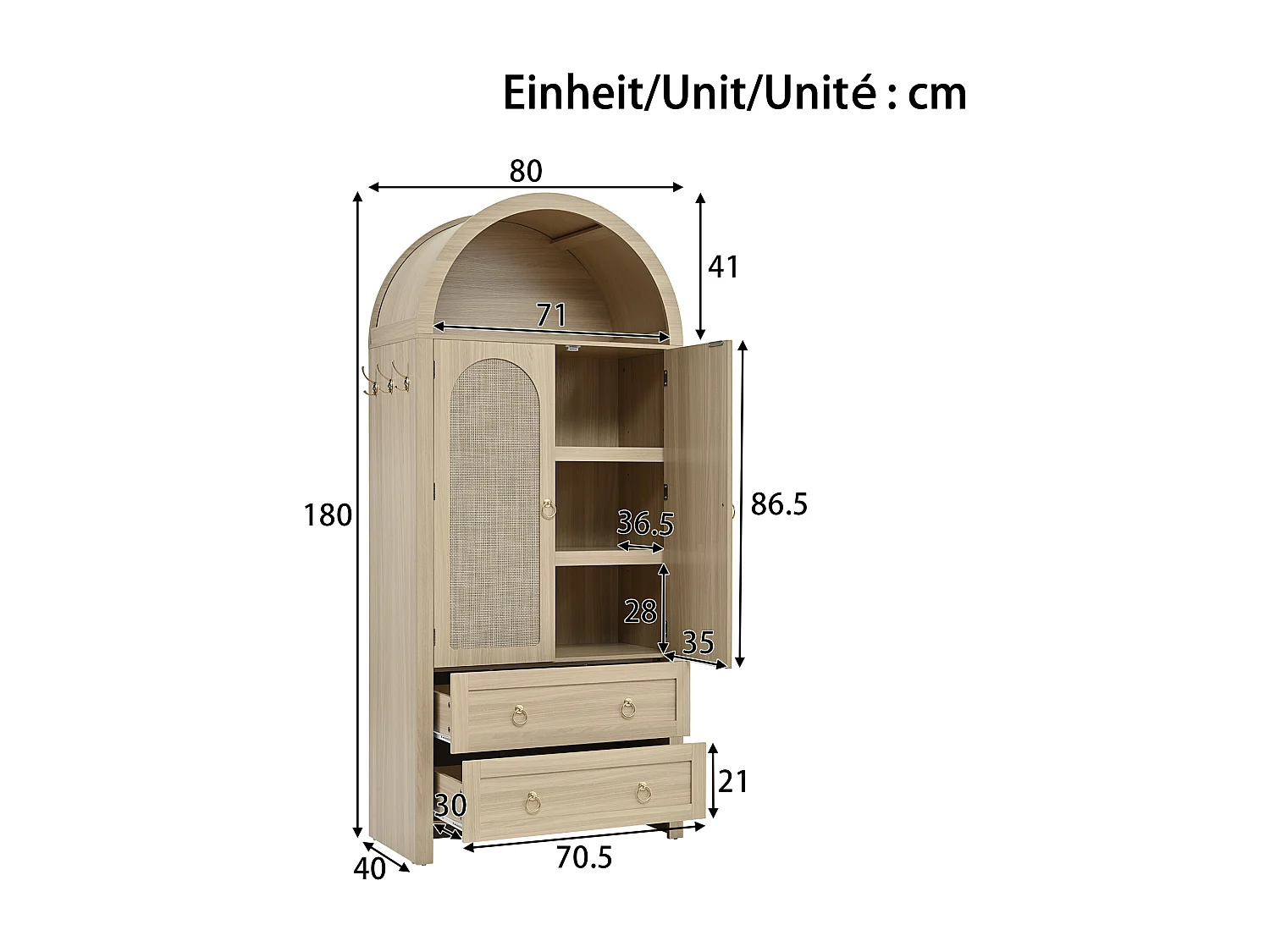 Buffet vintage en osier de style voûté - 80 x 40 x 180 cm - avec 2 tiroirs + 2 portes - pour salon et chambre - MDF - naturel