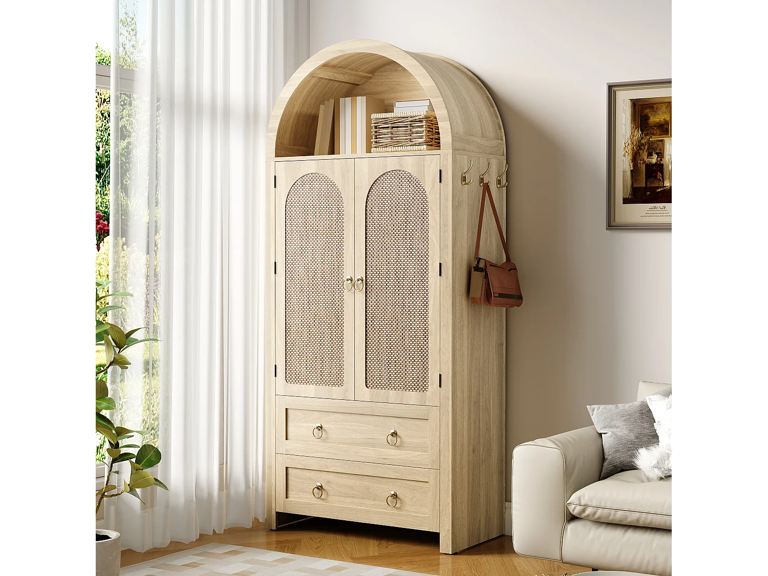 Buffet vintage en osier de style voûté - 80 x 40 x 180 cm - avec 2 tiroirs + 2 portes - pour salon et chambre - MDF - naturel