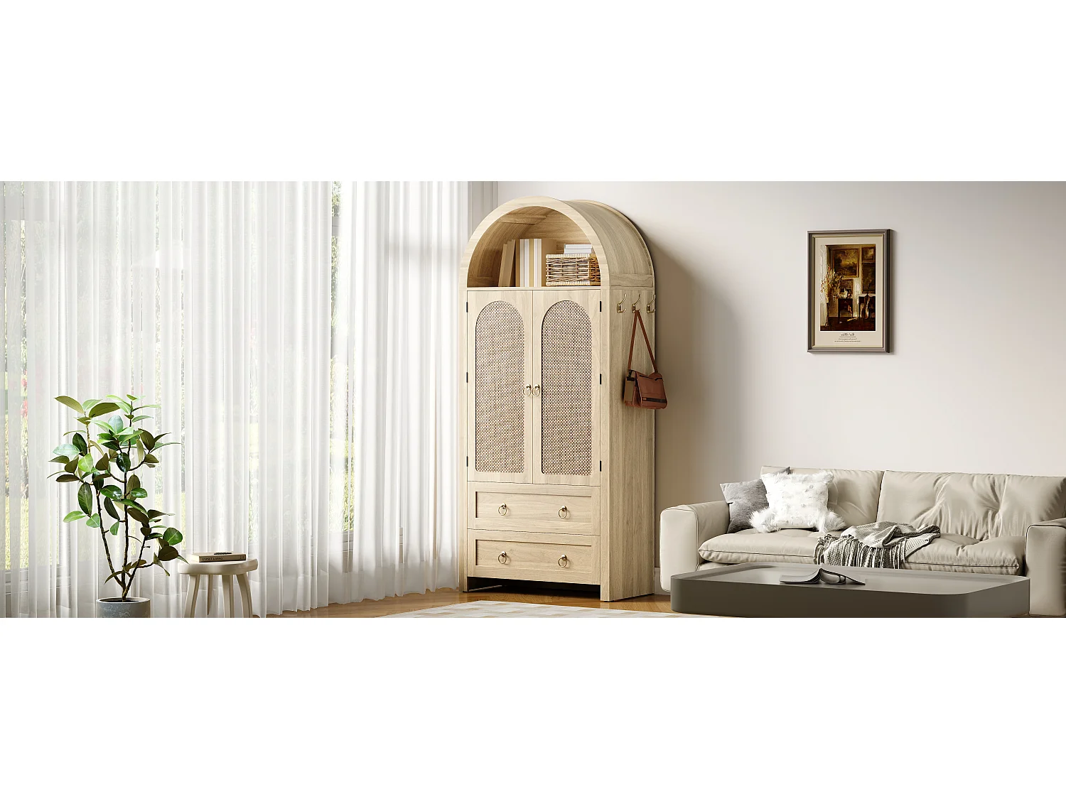 Buffet vintage en osier de style voûté - 80 x 40 x 180 cm - avec 2 tiroirs + 2 portes - pour salon et chambre - MDF - naturel