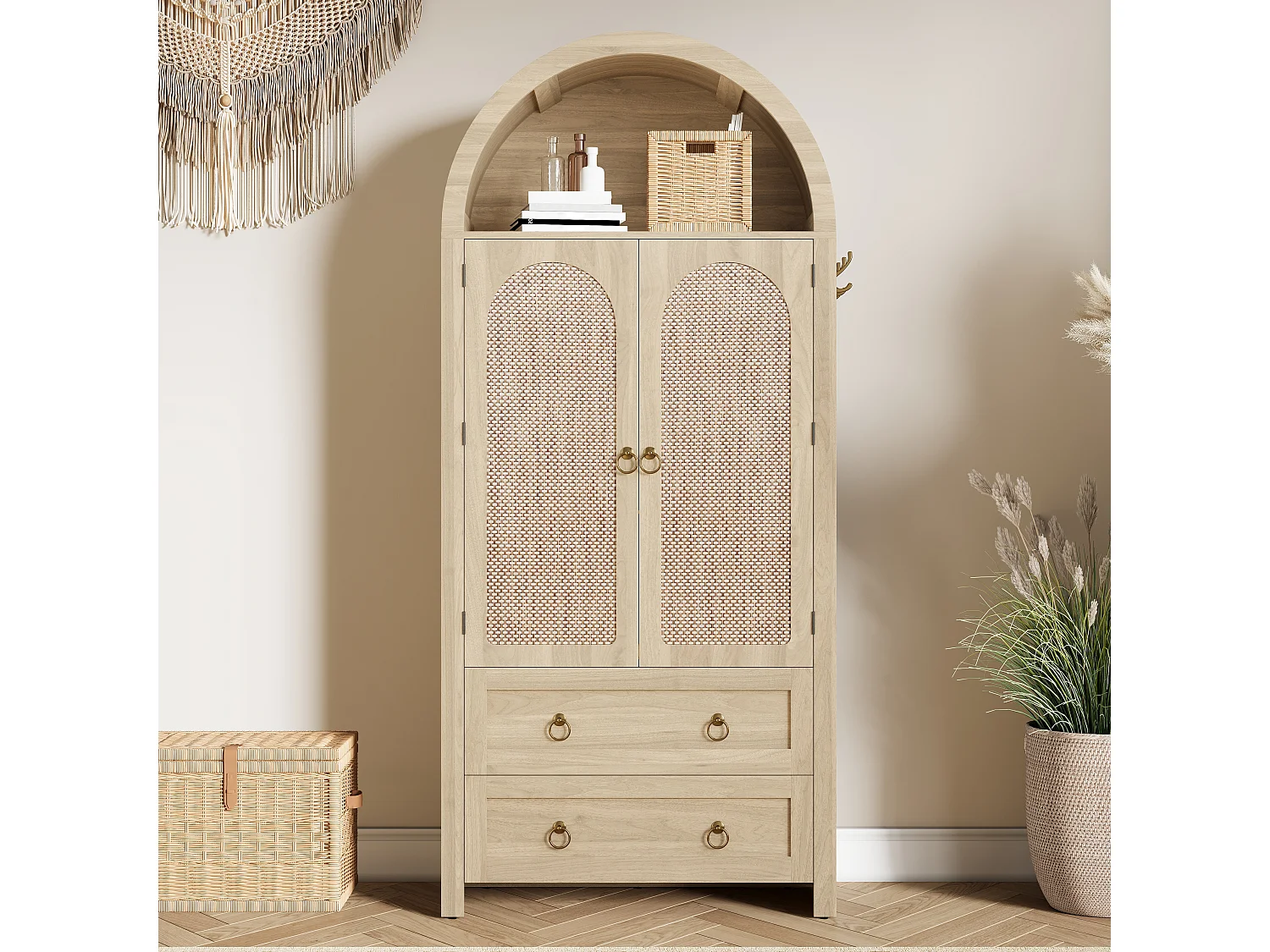 Buffet vintage en osier de style voûté - 80 x 40 x 180 cm - avec 2 tiroirs + 2 portes - pour salon et chambre - MDF - naturel