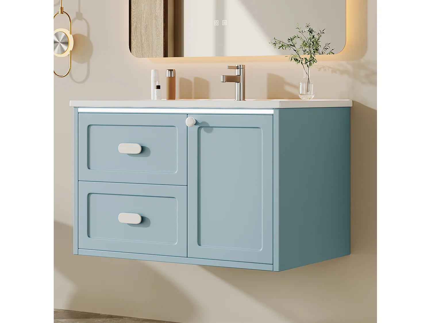 Meuble simple vasque en céramique mural - 76 x 46 x 51 cm - finition laquée - avec Leds + 2 tiroir + porte - céramique + MDF - bleu