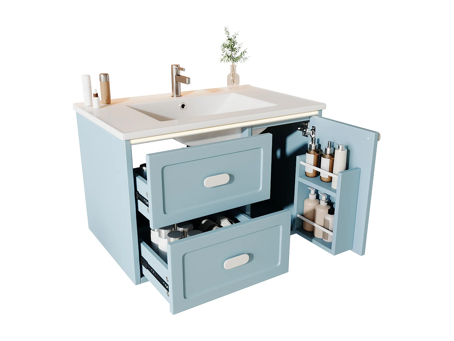 Meuble simple vasque en céramique mural - 76 x 46 x 51 cm - finition laquée - avec Leds + 2 tiroir + porte - céramique + MDF - bleu