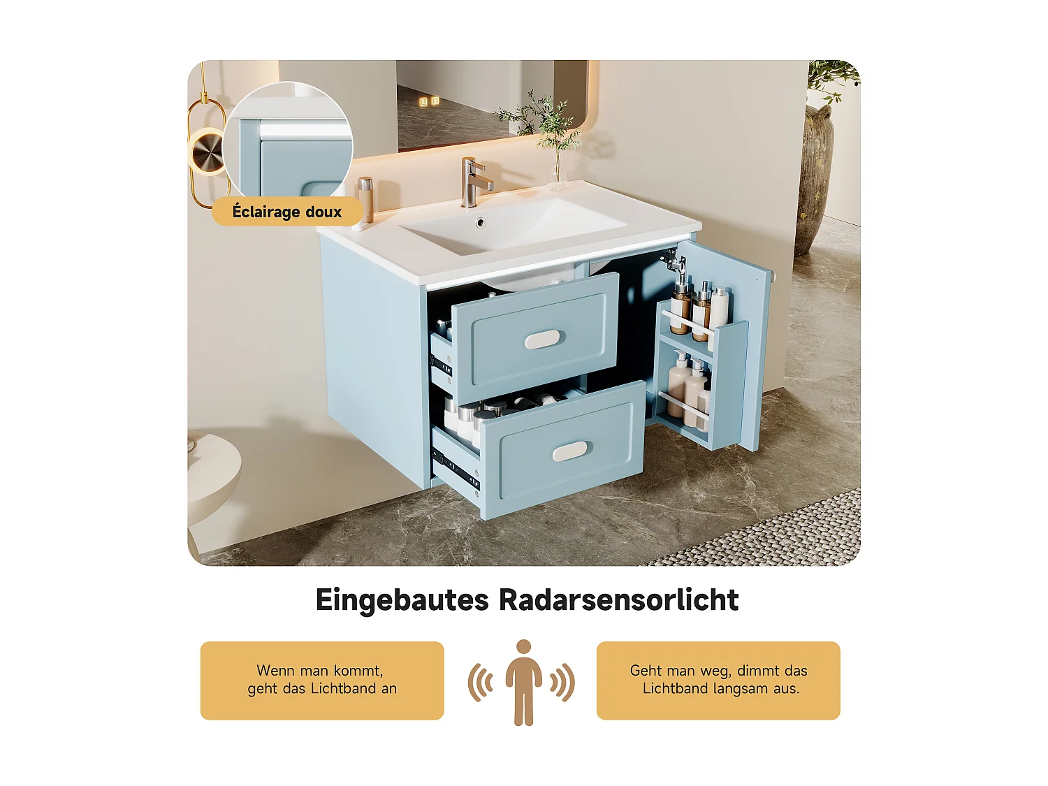 Meuble simple vasque en céramique mural - 76 x 46 x 51 cm - finition laquée - avec Leds + 2 tiroir + porte - céramique + MDF - bleu