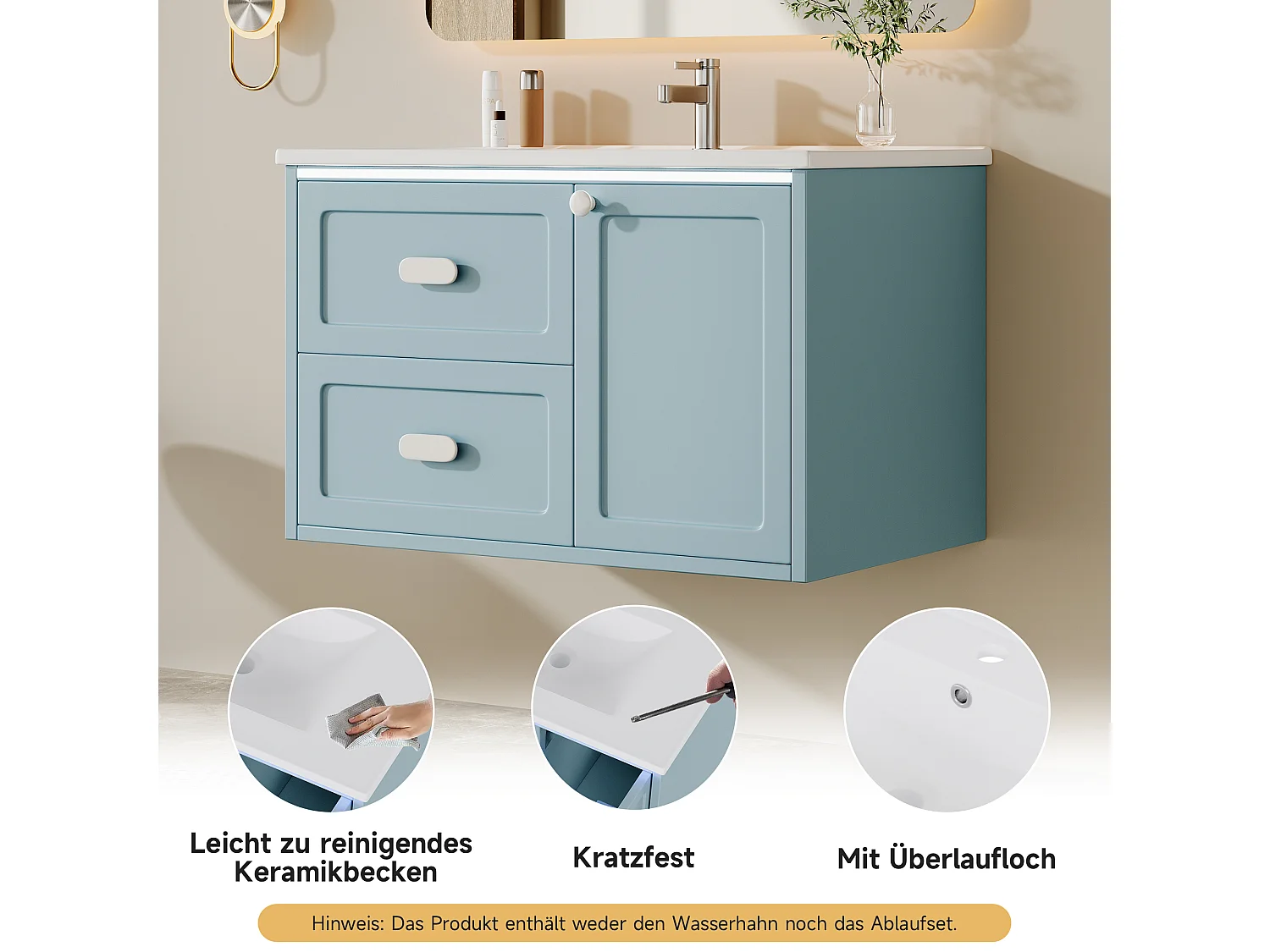 Meuble simple vasque en céramique mural - 76 x 46 x 51 cm - finition laquée - avec Leds + 2 tiroir + porte - céramique + MDF - bleu