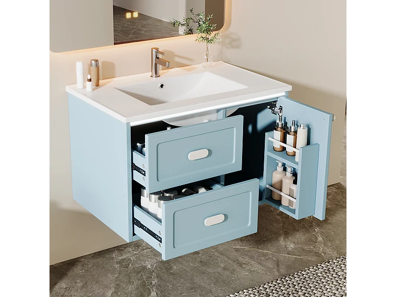 Meuble simple vasque en céramique mural - 76 x 46 x 51 cm - finition laquée - avec Leds + 2 tiroir + porte - céramique + MDF - bleu